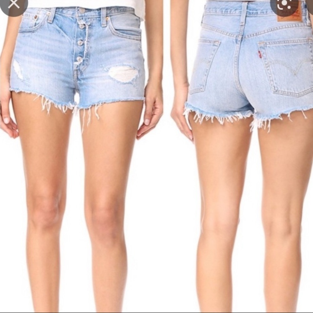 Levi’s 501's Exposed Button Fly Distressed Light Wash Raw Hem Shorts Size 25